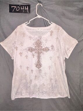 Cato White Short Sleeve Tee with Embellished Cross